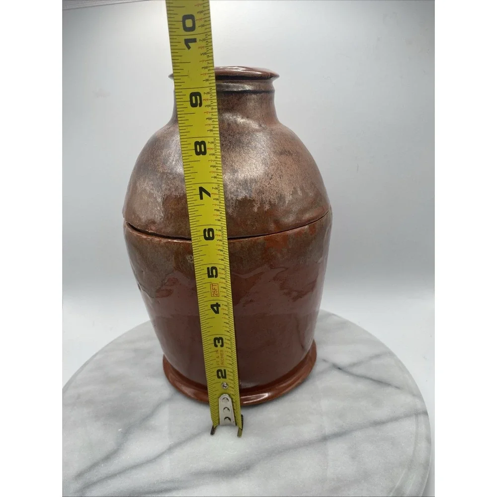Studio Pottery Artisan Lidded Jar Brown Bronze Metallic Glaze 9.5 In Handcrafted